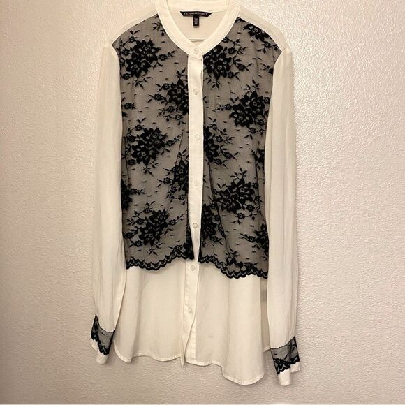VICTORIA'S SECRET black lace white 100% Silk Button-Down Blouse long sleeve S - Picture 2 of 11